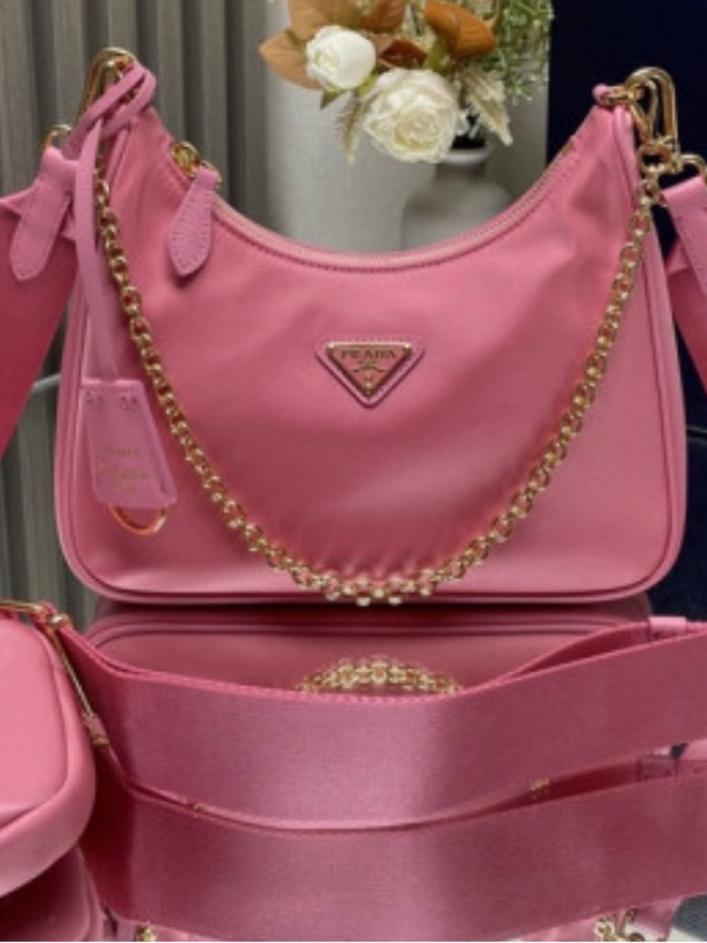Prada Pink Nylon Shoulder Bag with Gold Chain